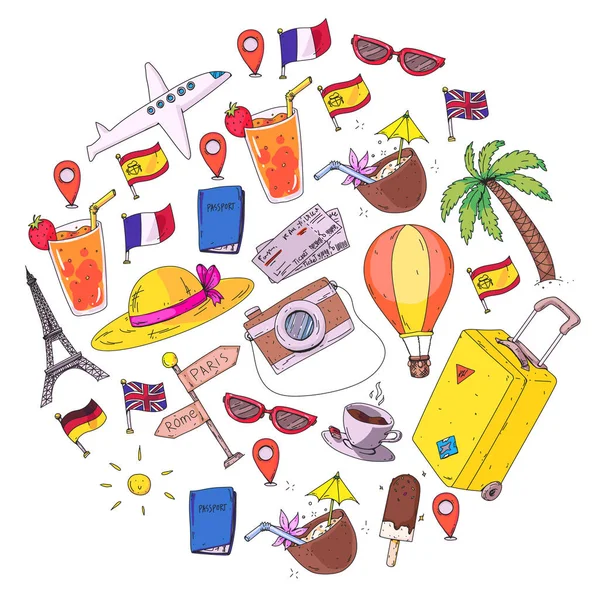 Patrón vectorial con iconos de viaje. Prepárate para aventuras y viajes. Grandes vacaciones, vacaciones. Globo de aire caliente, maleta, avión . — Vector de stock