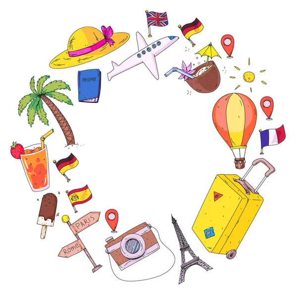 여행 아이콘 벡터 패턴입니다. 모험을 위한 준비 및 여행. 멋진 휴가, 휴일. 뜨거운 공기 풍선, 가방, 비행기. — 스톡 벡터