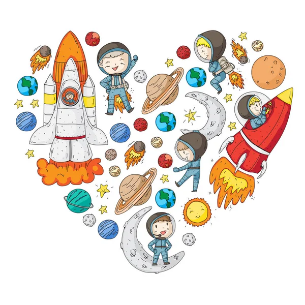 Χώρος για τα παιδιά. Τα παιδιά και cosmos εξερεύνησης. Περιπέτειες, πλανήτες, αστέρια. Γη και το φεγγάρι. Ρόκα, μεταφοράς, ήλιος. — Διανυσματικό Αρχείο