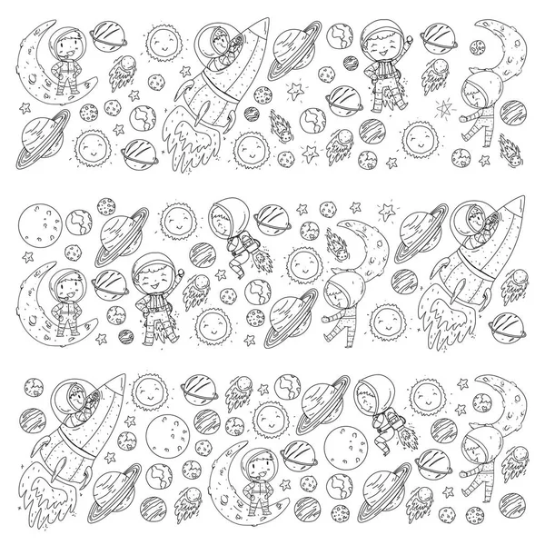 Space for children. Coloring page, book. Kids and cosmos exploration. Adventures, planets, stars. Earth and Moon. Rocket, shuttle, sun. — Stock Vector