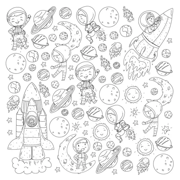 Espacio para niños. Dibujo para colorear, libro. Niños y exploración del cosmos. Aventuras, planetas, estrellas. Tierra y Luna. Cohete, lanzadera, sol . — Vector de stock