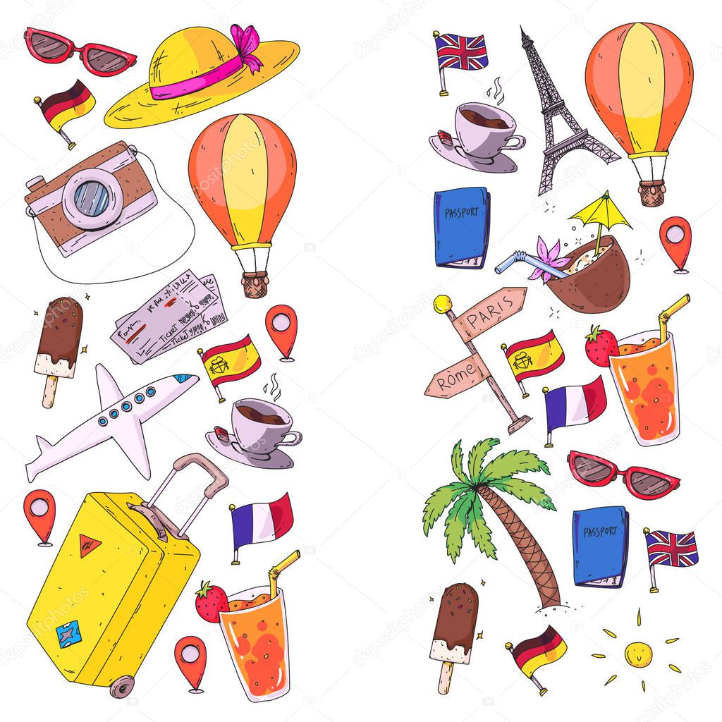 Vector pattern with travel icons. Get ready for adventures and travel. Great vacation, holidays. Hot air balloon, suitcase, airplane.