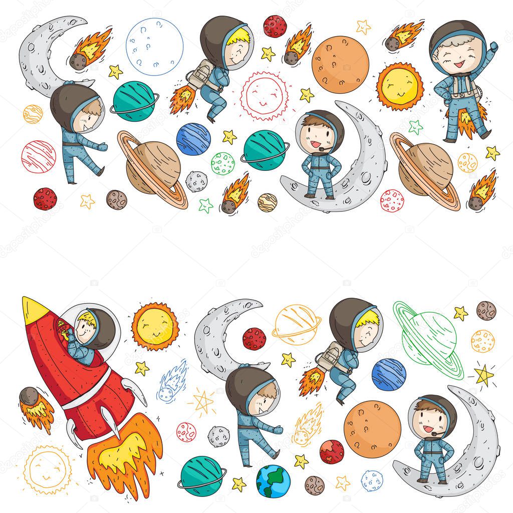 Space for children. Kids and cosmos exploration. Adventures, planets, stars. Earth and Moon. Rocket, shuttle, sun.