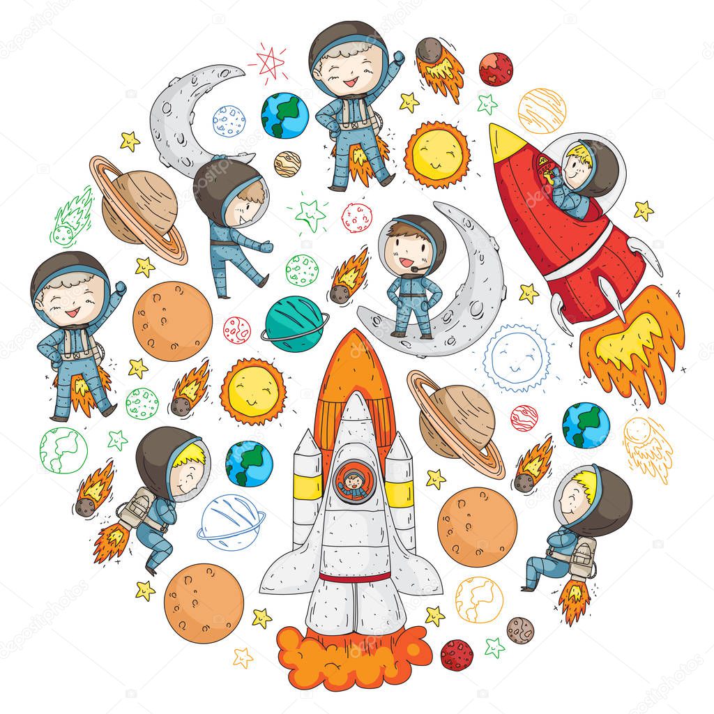 Space for children. Kids and cosmos exploration. Adventures, planets, stars. Earth and Moon. Rocket, shuttle, sun.