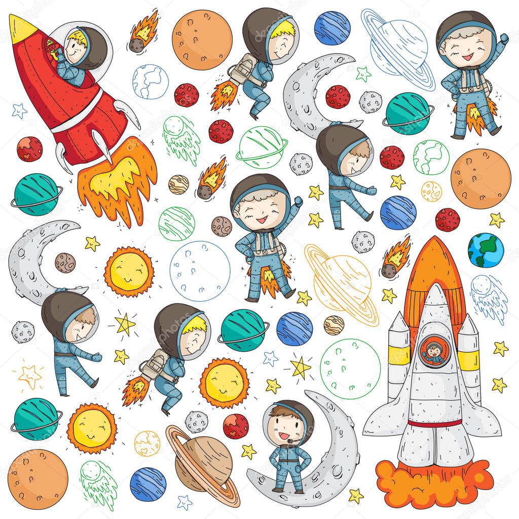 Space for children. Kids and cosmos exploration. Adventures, planets, stars. Earth and Moon. Rocket, shuttle, sun.