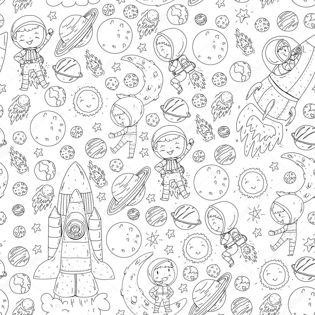 Space for children. Coloring page, book. Kids and cosmos exploration. Adventures, planets, stars. Earth and Moon. Rocket, shuttle, sun.