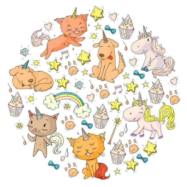 벡터 유니콘입니다. Caticorn입니다. 고양이, 개, 경적 및 레인 보우 조랑말. Fantasty 벡터 아이콘입니다. 귀여운 유치원 어린 아이 들에 대 한 패턴입니다. 공주 동화. — 스톡 벡터