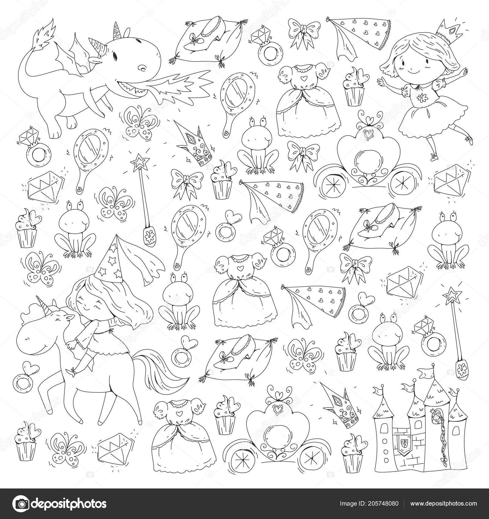 Kleurplaat Voor Boek Schattig Prinsesje Met Eenhoorn En Draak Kasteel Voor Kleine Meisje Jurk Toverstaf Sprookje Pictogrammen Met Kroon En Kikker Fantasie Illustratie Vectorafbeelding Door C Helen F Vectorstock 205748080