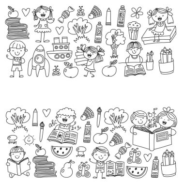 Okul, anaokulu erkek ve kız kitap okuma. Hayal gücü. Kütüphane. Alan, seyahat, macera.