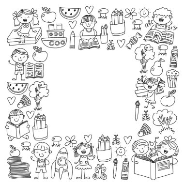 Okul, anaokulu erkek ve kız kitap okuma. Hayal gücü. Kütüphane. Alan, seyahat, macera.