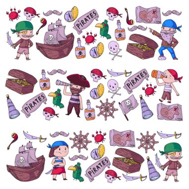 Küçük çocuklar için korsan partisi. Anaokulu arka plan. Deniz ve okyanus maceraları. Gemi ve korsanlar, Define Adası.