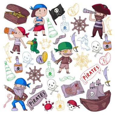 Küçük çocuklar için korsan partisi. Anaokulu arka plan. Deniz ve okyanus maceraları. Gemi ve korsanlar, Define Adası.