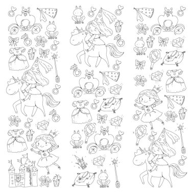 Kitap için boyama sayfası. Tek boynuzlu at ve ejderha ile şirin küçük prenses. Castle için küçük kız, elbise, sihirli değnek. Peri masalı kutsal kişilerin resmi ile taç ve kurbağa. Fantezi illüstrasyon