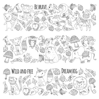 Desen şirin orman ve orman hayvanları ile. Fox, kaplan, aslan, zebra, ayı, kuş, papağan, yılan, sincap, fil, maymun, baykuş. Küçük anaokulu çocukları için kabile boho vahşi ve ücretsiz simgeler
