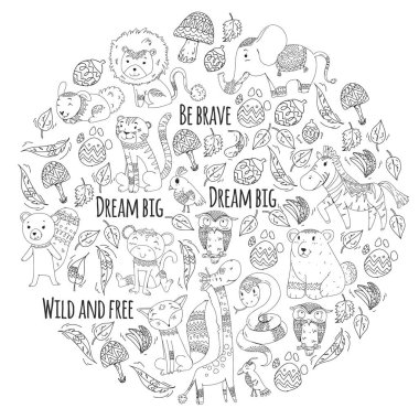 Desen şirin orman ve orman hayvanları ile. Fox, kaplan, aslan, zebra, ayı, kuş, papağan, yılan, sincap, fil, maymun, baykuş. Küçük anaokulu çocukları için kabile boho vahşi ve ücretsiz simgeler