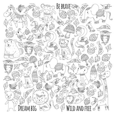 Desen şirin orman ve orman hayvanları ile. Fox, kaplan, aslan, zebra, ayı, kuş, papağan, yılan, sincap, fil, maymun, baykuş. Küçük anaokulu çocukları için kabile boho vahşi ve ücretsiz simgeler