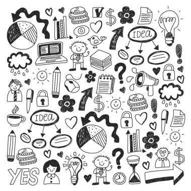 Business doodles. Social media icons. Vector background pattern. Internet, people, idea, teamwork. clipart