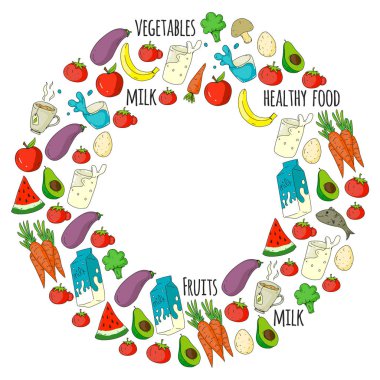 Sağlıklı gıda ile desen. Yemek kursuna, restaurant, kafe için menü öğeleri. Süt, dondurma, balık, meyve suyu, avokado, Türkiye, havuç, sarımsak, kahve, çay.