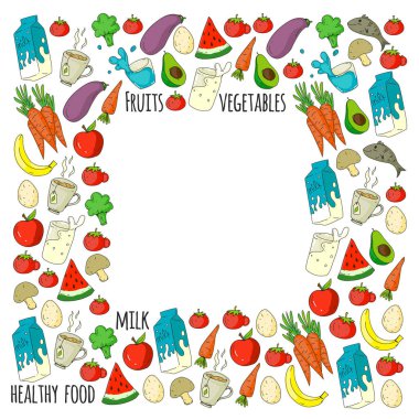 Sağlıklı gıda ile desen. Yemek kursuna, restaurant, kafe için menü öğeleri. Süt, dondurma, balık, meyve suyu, avokado, Türkiye, havuç, sarımsak, kahve, çay.