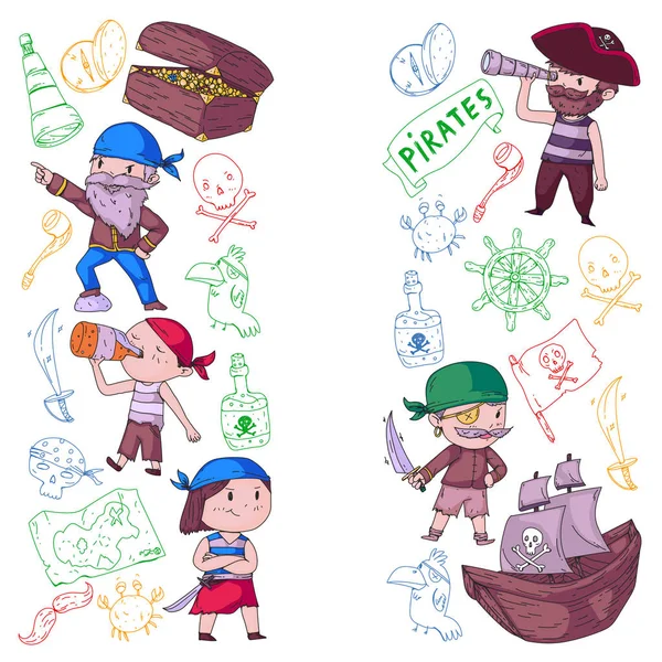 Festa de piratas para crianças. Fundo do jardim de infância. Aventuras marítimas e oceânicas. Navio e piratas, ilha do tesouro . —  Vetores de Stock