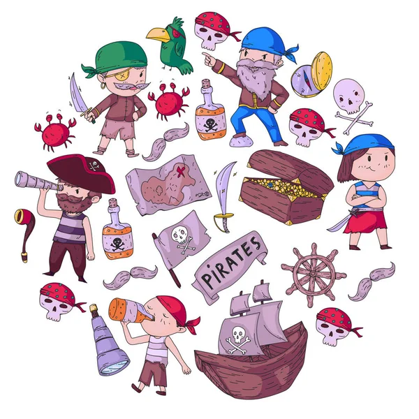 Fiesta pirata para niños pequeños. Antecedentes de jardín de infancia. Aventuras marítimas y oceánicas. Barco y piratas, isla del tesoro . — Vector de stock