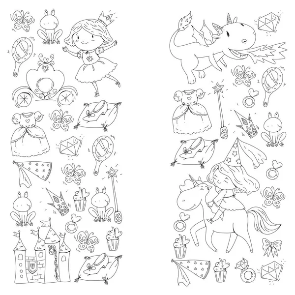 Coloring page for book. Cute little princess with unicorn and dragon. Castle for little girl, dress, magic wand. Fairy tale icons with crown and frog. Fantasy illustration — Stock Vector