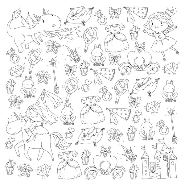 Coloring page for book. Cute little princess with unicorn and dragon. Castle for little girl, dress, magic wand. Fairy tale icons with crown and frog. Fantasy illustration — Stock Vector