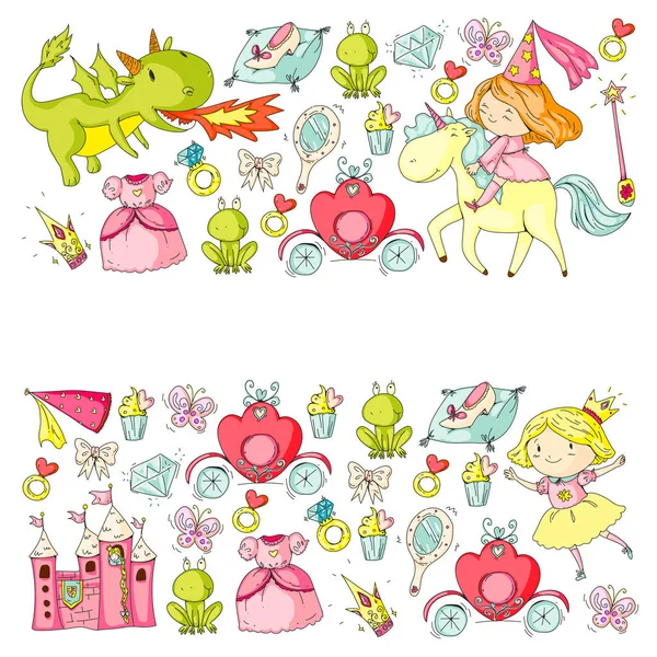 Princess vector patterns. Cute little princess with unicorn and dragon. Castle for little girl, dress, magic wand. Fairy tale icons with crown and frog. Fantasy illustration — Stock Vector