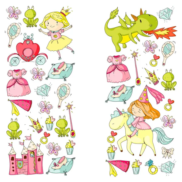 Princess vector patterns. Cute little princess with unicorn and dragon. Castle for little girl, dress, magic wand. Fairy tale icons with crown and frog. Fantasy illustration — Stock Vector