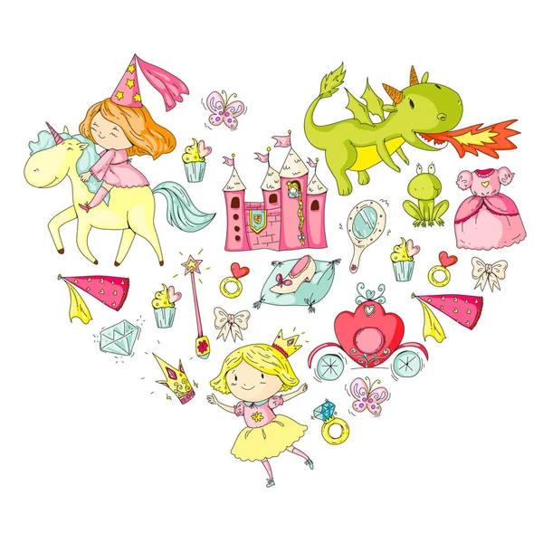 Princess vector patterns. Cute little princess with unicorn and dragon. Castle for little girl, dress, magic wand. Fairy tale icons with crown and frog. Fantasy illustration — Stock Vector