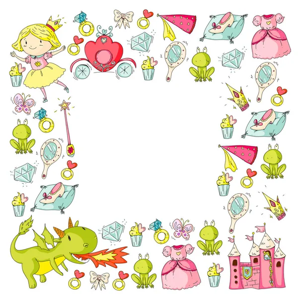 Princess vector patterns. Cute little princess with unicorn and dragon. Castle for little girl, dress, magic wand. Fairy tale icons with crown and frog. Fantasy illustration — Stock Vector