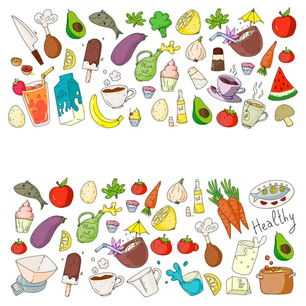 Modèle avec des aliments sains. Cours de cuisine, éléments de menu pour restaurant, café. Lait, crème glacée, poisson, jus, avocat, dinde, carotte, ail, café, thé . — Image vectorielle