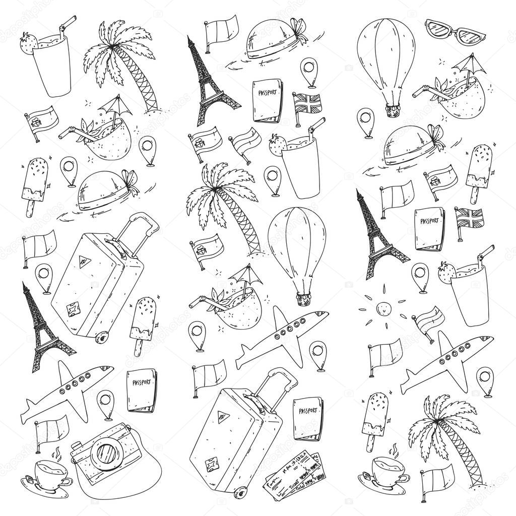Vector pattern with travel icons. Get ready for adventures and travel. Great vacation, holidays. Hot air balloon, suitcase, airplane.