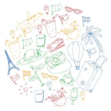 Vektör desen ile seyahat kutsal kişilerin resmi. Seyahat ve macera için hazır olsun. Büyük tatil tatil. Sıcak hava balonu, bavul, uçak.