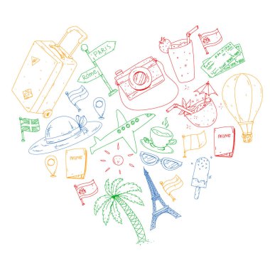 Vektör desen ile seyahat kutsal kişilerin resmi. Seyahat ve macera için hazır olsun. Büyük tatil tatil. Sıcak hava balonu, bavul, uçaklar