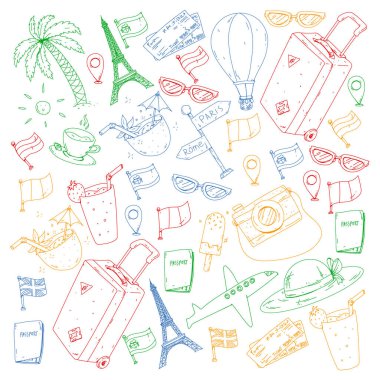 Vektör desen ile seyahat kutsal kişilerin resmi. Seyahat ve macera için hazır olsun. Büyük tatil tatil. Sıcak hava balonu, bavul, uçak.