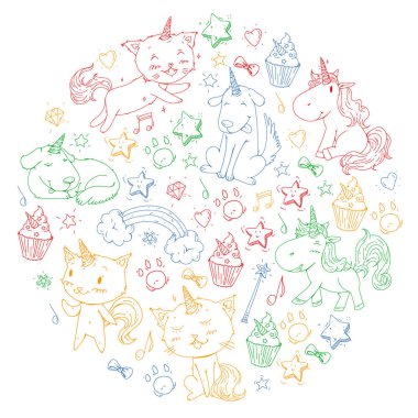 Vektör tek boynuzlu atlar. Caticorn. Kedi, köpek, boynuz ve gökkuşağı olan midilli. Fantasty vektör simgeler. Şirin Anaokulu desen küçük çocuklar için. Prenses Peri masalı.