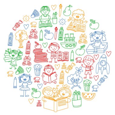 Okul, anaokulu erkek ve kız kitap okuma. Hayal gücü, eğitim.