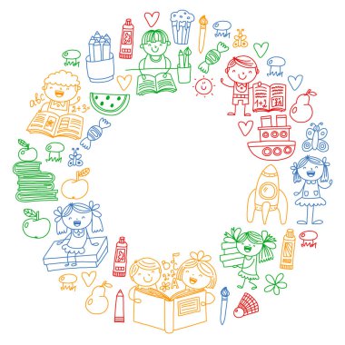 Okul, anaokulu erkek ve kız kitap okuma. Hayal gücü, eğitim.