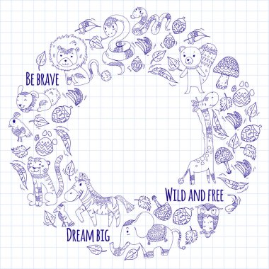 Desen şirin orman ve orman hayvanları ile. Fox, kaplan, aslan, zebra, ayı, kuş, papağan, yılan, sincap, fil, maymun, baykuş. Küçük anaokulu çocukları için kabile boho vahşi ve ücretsiz simgeler