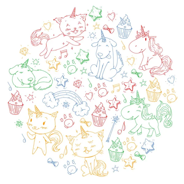 Vector unicorns. Caticorn. Cat, dog, pony with horn and rainbow. Fantasty vector icons. Cute kindergarten pattern for little children. Princess fairy tale. — Stock Vector