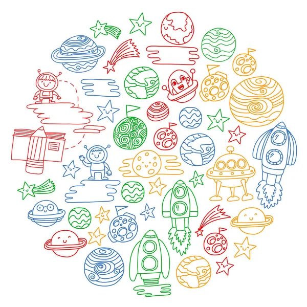 Vector doodle pattern with space icons. Children, kindergarten illustration. Kids drawing style image — Stock Vector