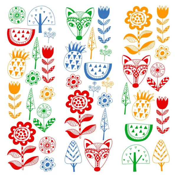 Scandinavische patroon voor de kleuterschool, kwekerij, kinderkamer. Sieraad, dieren, watermeloen. — Stockvector
