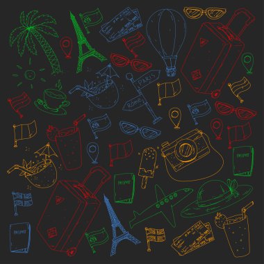 Vektör desen ile seyahat kutsal kişilerin resmi. Seyahat ve macera için hazır olsun. Büyük tatil tatil. Sıcak hava balonu, bavul, uçak