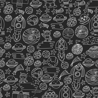 Vektör desen alanı simgeleri ile. Stil illüstrasyon anaokulu, okul için çizim çocuklar doodle. Cosmos keşif, seyahat, macera. Gezegenler, dünya, ay, Satürn, Jüpiter, kuyruklu yıldız.