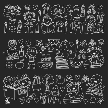 Okul, anaokulu erkek ve kız kitap okuma. Kütüphane. Alan, seyahat, macera. Çizim, boyama. Eğitim, araştırma, hayal.