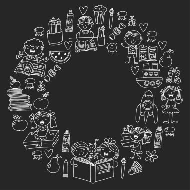 Okul, anaokulu erkek ve kız kitap okuma. Kütüphane. Alan, seyahat, macera. Çizim, boyama. Eğitim, araştırma, hayal.