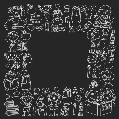 Okul, anaokulu erkek ve kız kitap okuma. Kütüphane. Alan, seyahat, macera. Çizim, boyama. Eğitim, araştırma, hayal.