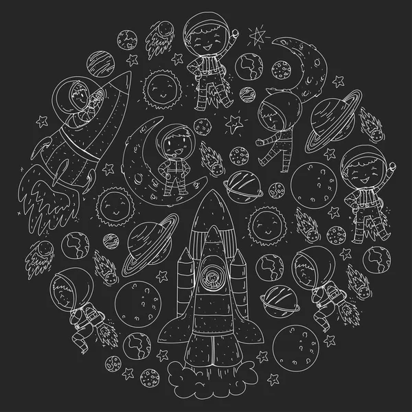 Space Children Coloring Page Book Kids Cosmos Exploration Adventures Planets — Stock Vector