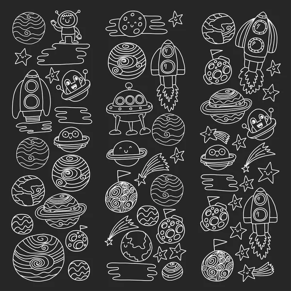 Patrón vectorial con iconos de espacio. Doodle niños dibujo estilo ilustración para el jardín de infantes, la escuela. Exploración del cosmos, viajes, aventura. Planetas, Tierra, Luna, Saturno, Júpiter, Cometa . — Vector de stock